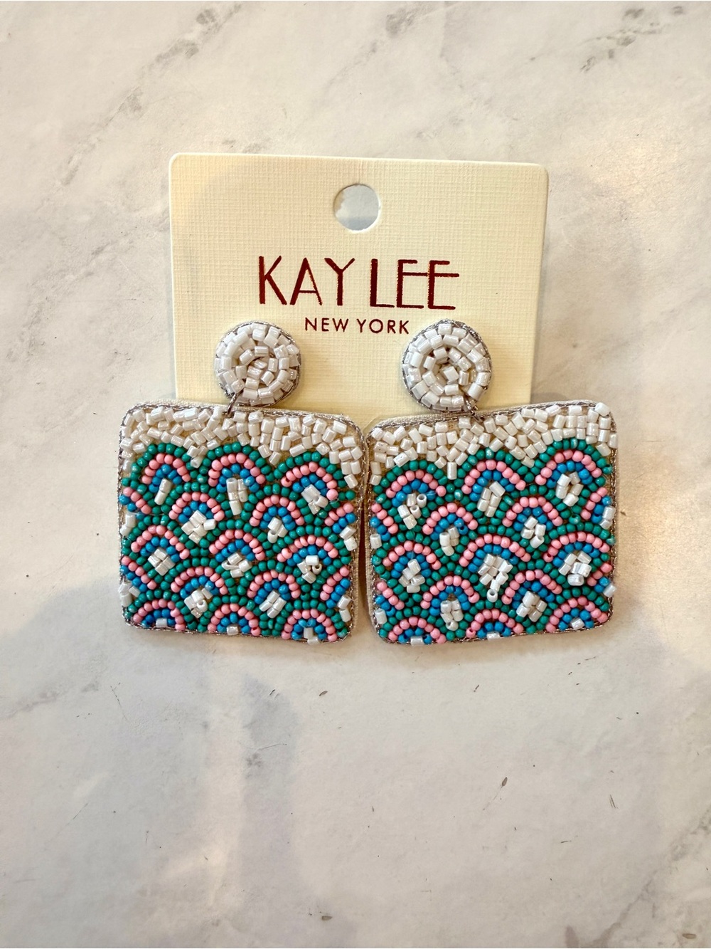 NWT Kay Lee New York Hand-Beaded Square Drop Earrings white turquoise & pink